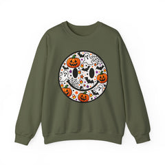Halloween Smiley Sweatshirt — Pumpkin & Ghost Spooky Face Crewneck