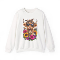 Highland Cow Floral Crewneck Sweatshirt – Sunflower Cow with Bandana & Sunglasses