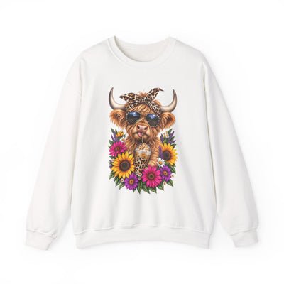 Highland Cow Floral Crewneck Sweatshirt – Sunflower Cow with Bandana & Sunglasses