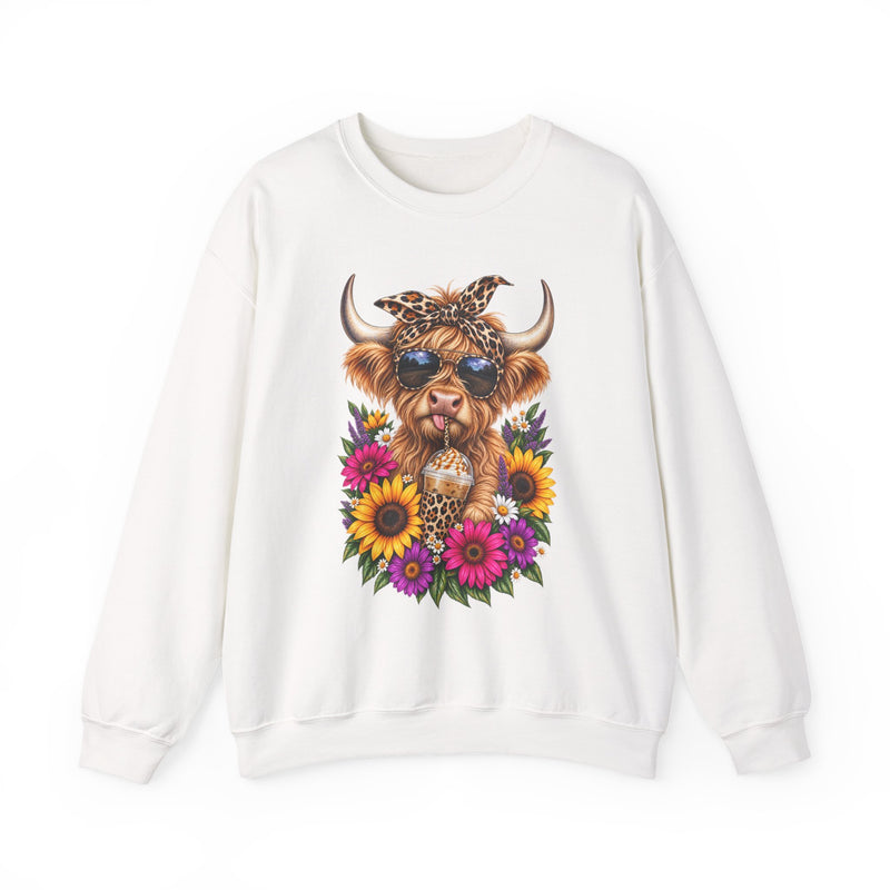 Highland Cow Floral Crewneck Sweatshirt – Sunflower Cow with Bandana & Sunglasses