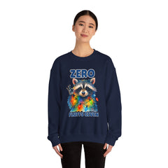 Crewneck Sweatshirt — "Zero Fluffs Given" Raccoon Holiday Gildan Crewneck
