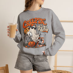 Halloween Ghost Sweatshirt — “Creepin’ It Real” Retro Pumpkin Graveyard Crewneck