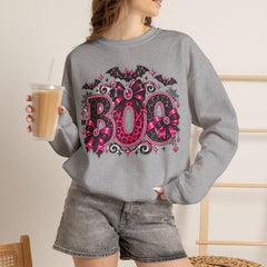 BOO Halloween Crewneck Sweatshirt — Pink Gothic Bat & Floral Design