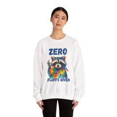 Crewneck Sweatshirt — "Zero Fluffs Given" Raccoon Holiday Gildan Crewneck