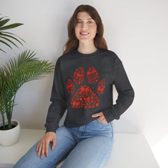 Christmas Bow Paw Print Gildan Sweatshirt — Red Heart Paw Design for Pet Lovers