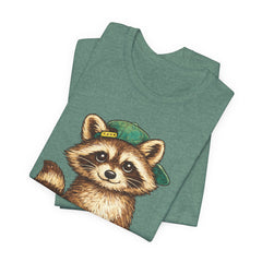 Cute Raccoon Graphic Tee — Adorable Cartoon Raccoon with Green Cap