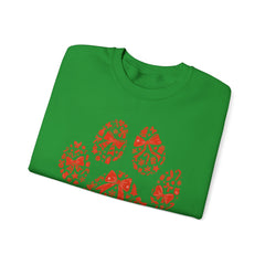 Christmas Bow Paw Print Gildan Sweatshirt — Red Heart Paw Design for Pet Lovers