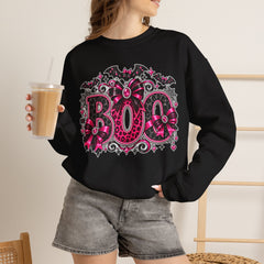 BOO Halloween Crewneck Sweatshirt — Pink Gothic Bat & Floral Design