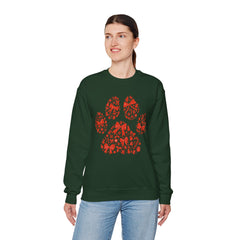 Christmas Bow Paw Print Gildan Sweatshirt — Red Heart Paw Design for Pet Lovers