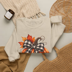 Fall Pumpkin Crewneck Sweatshirt – Buffalo Check Bow & Autumn Leaves