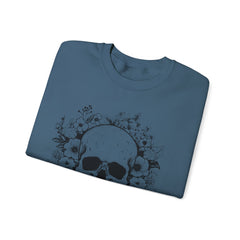 Skull & Floral Crewneck Sweatshirt — Gothic Skull with Flowers Graphic - Halloween