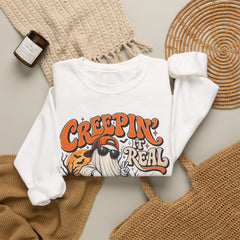 Halloween Ghost Sweatshirt — “Creepin’ It Real” Retro Pumpkin Graveyard Crewneck