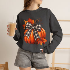 Fall Pumpkin Crewneck Sweatshirt – Buffalo Check Bow & Autumn Leaves