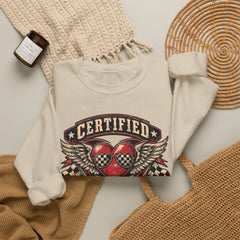 Certified Heartbreaker Crewneck Sweatshirt — Vintage Racing Winged Valentines Heart Graphic