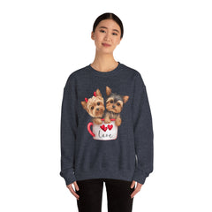 Yorkshire Terriers in Coffee Cup Sweatshirt - Valentine's Day Cuteness