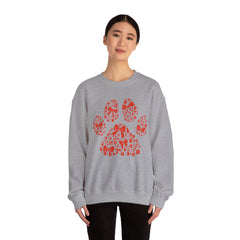 Christmas Bow Paw Print Gildan Sweatshirt — Red Heart Paw Design for Pet Lovers