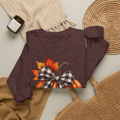 Fall Pumpkin Crewneck Sweatshirt – Buffalo Check Bow & Autumn Leaves