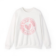 Crewneck Sweatshirt — Pink 'Love More' Heart Stamp Graphic