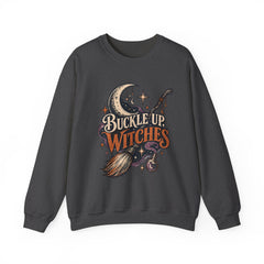Buckle Up Witches Crewneck Sweatshirt — Retro Moon, Broom & Cauldron Halloween Pullover