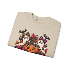 Halloween Pumpkin & Ghost Crewneck Sweatshirt — Cute Spooky Pink Leopard Fall Graphic