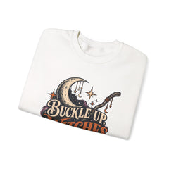 Buckle Up Witches Crewneck Sweatshirt — Retro Moon, Broom & Cauldron Halloween Pullover