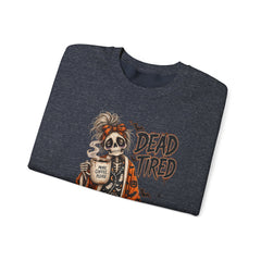 Dead Tired Halloween Crewneck Sweatshirt – Sleepy Skeleton Coffee Graphic Halloween