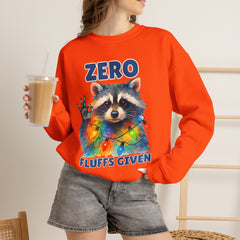 Crewneck Sweatshirt — "Zero Fluffs Given" Raccoon Holiday Gildan Crewneck