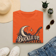 Buckle Up Witches T-Shirt — Retro Moon & Broom Halloween Tee- BP