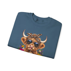 Highland Cow Floral Crewneck Sweatshirt – Sunflower Cow with Bandana & Sunglasses