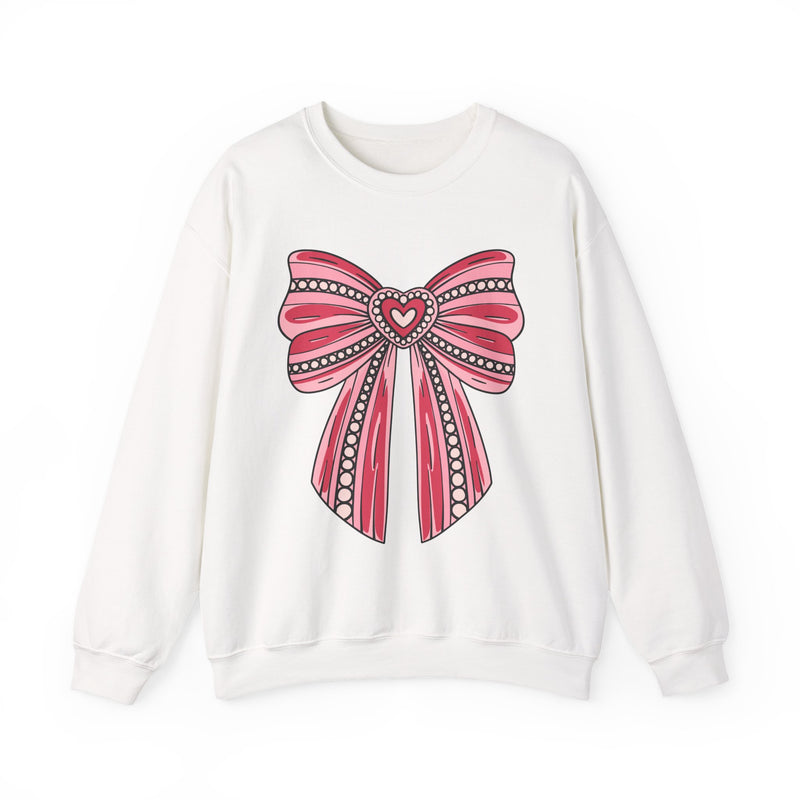 Crewneck Sweatshirt — Pink Decorative Heart Bow Graphic, Cute Valentine Gift
