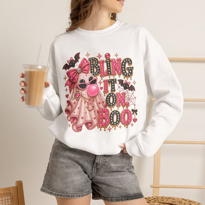 'Bling It On Boo' Pink Ghost Halloween Crewneck Sweatshirt