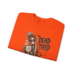 Dead Tired Halloween Crewneck Sweatshirt – Sleepy Skeleton Coffee Graphic Halloween