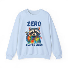 Crewneck Sweatshirt — "Zero Fluffs Given" Raccoon Holiday Gildan Crewneck