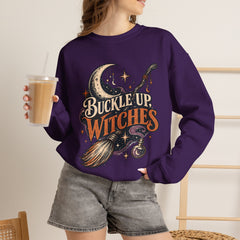 Buckle Up Witches Crewneck Sweatshirt — Retro Moon, Broom & Cauldron Halloween Pullover