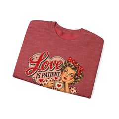 Retro Pin-Up 'Love Is Patient, I Am Not' Graphic Crewneck Sweatshirt Valentine