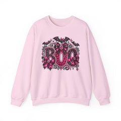 BOO Halloween Crewneck Sweatshirt — Pink Gothic Bat & Floral Design