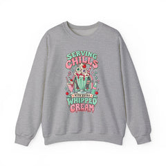 "Serving Chills with Extra Whipped Cream" Cozy Graphic Pullover Sweatshirt- Halloween