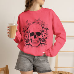 Skull & Floral Crewneck Sweatshirt — Gothic Skull with Flowers Graphic - Halloween