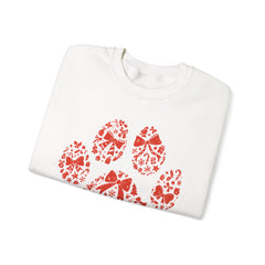 Christmas Bow Paw Print Gildan Sweatshirt — Red Heart Paw Design for Pet Lovers