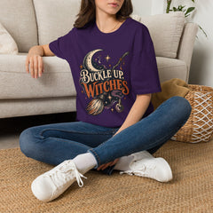 Buckle Up Witches T-Shirt — Retro Moon & Broom Halloween Tee- BP