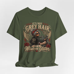 It's Not Grey Hair It's Wisdom Glitter T-Shirt — Vintage Skull & Rose Biker Tee for Women & Men