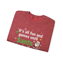Christmas Sweatshirt — "It's all fun and games until Santa checks the naughty list" Cozy Holiday Gildan Crewneck