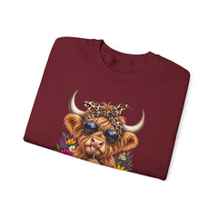 Highland Cow Floral Crewneck Sweatshirt – Sunflower Cow with Bandana & Sunglasses