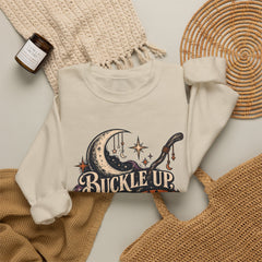 Buckle Up Witches Crewneck Sweatshirt — Retro Moon, Broom & Cauldron Halloween Pullover