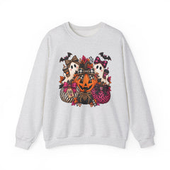 Halloween Pumpkin & Ghost Crewneck Sweatshirt — Cute Spooky Pink Leopard Fall Graphic