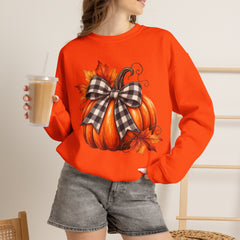 Fall Pumpkin Crewneck Sweatshirt – Buffalo Check Bow & Autumn Leaves