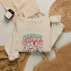 "Serving Chills with Extra Whipped Cream" Cozy Graphic Pullover Sweatshirt- Halloween