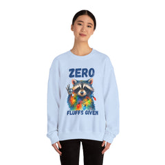 Crewneck Sweatshirt — "Zero Fluffs Given" Raccoon Holiday Gildan Crewneck