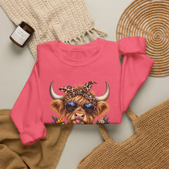 Highland Cow Floral Crewneck Sweatshirt – Sunflower Cow with Bandana & Sunglasses