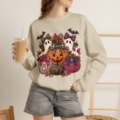 Halloween Pumpkin & Ghost Crewneck Sweatshirt — Cute Spooky Pink Leopard Fall Graphic